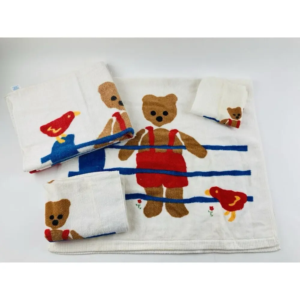 Vintage Springmaid Bear Birds Fence Towel Set Bath Hand & Wash Cloth Child Kid